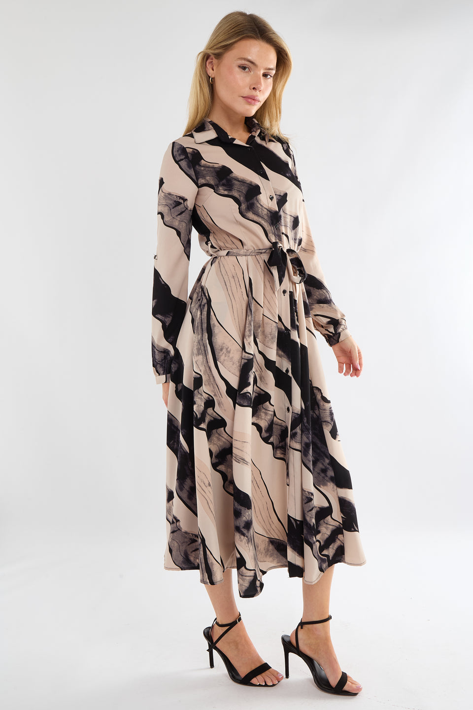 Black and Beige Abstract Print Midaxi Shirt Dress