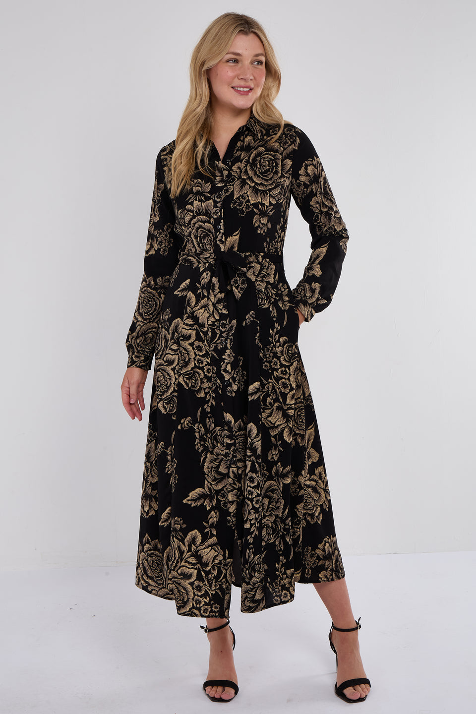 Vintage Rose Print Maxi Shirt Dress