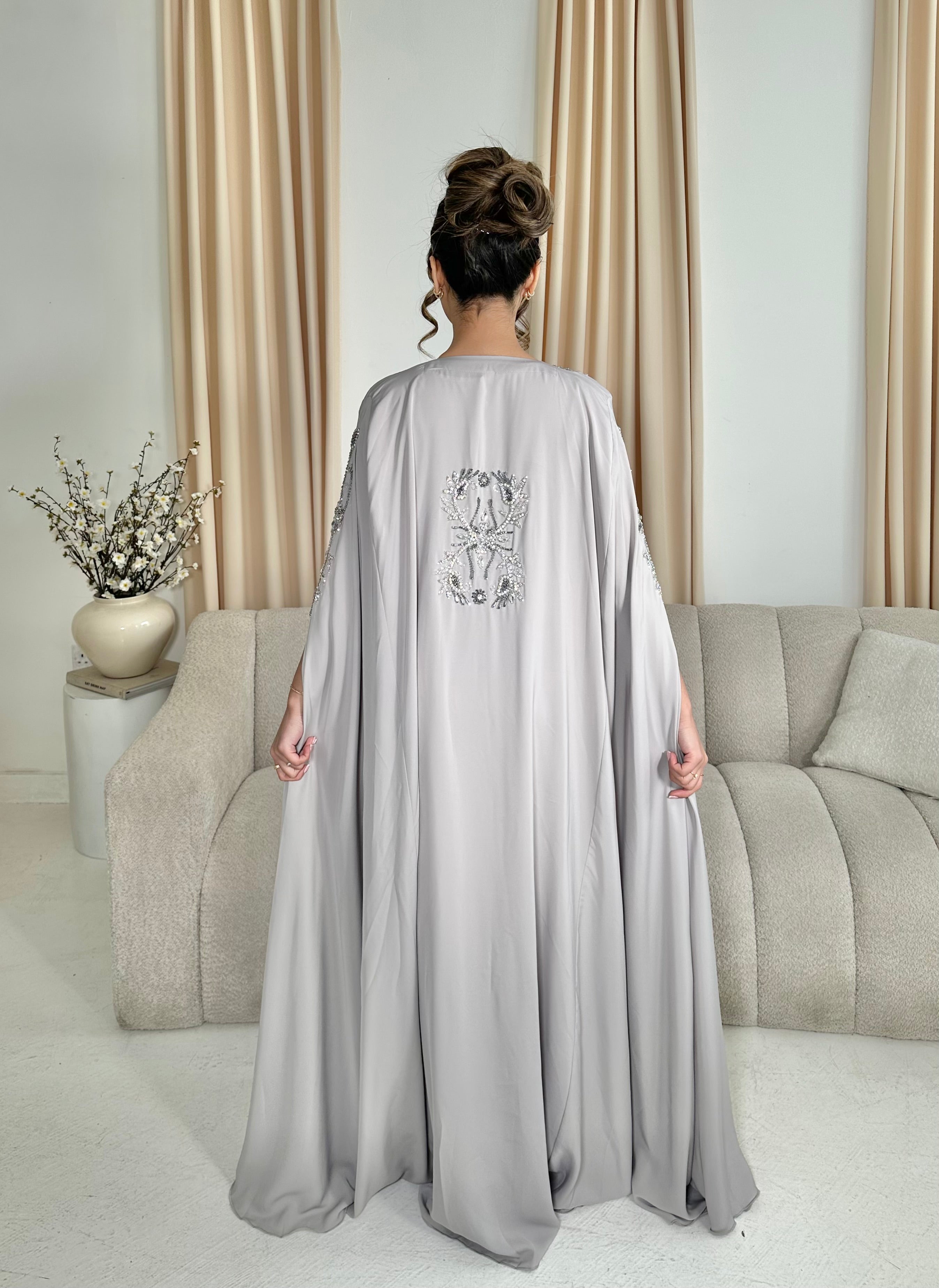 Ainaz Embellished Free Size Cape Abaya (Greyish/Stone)