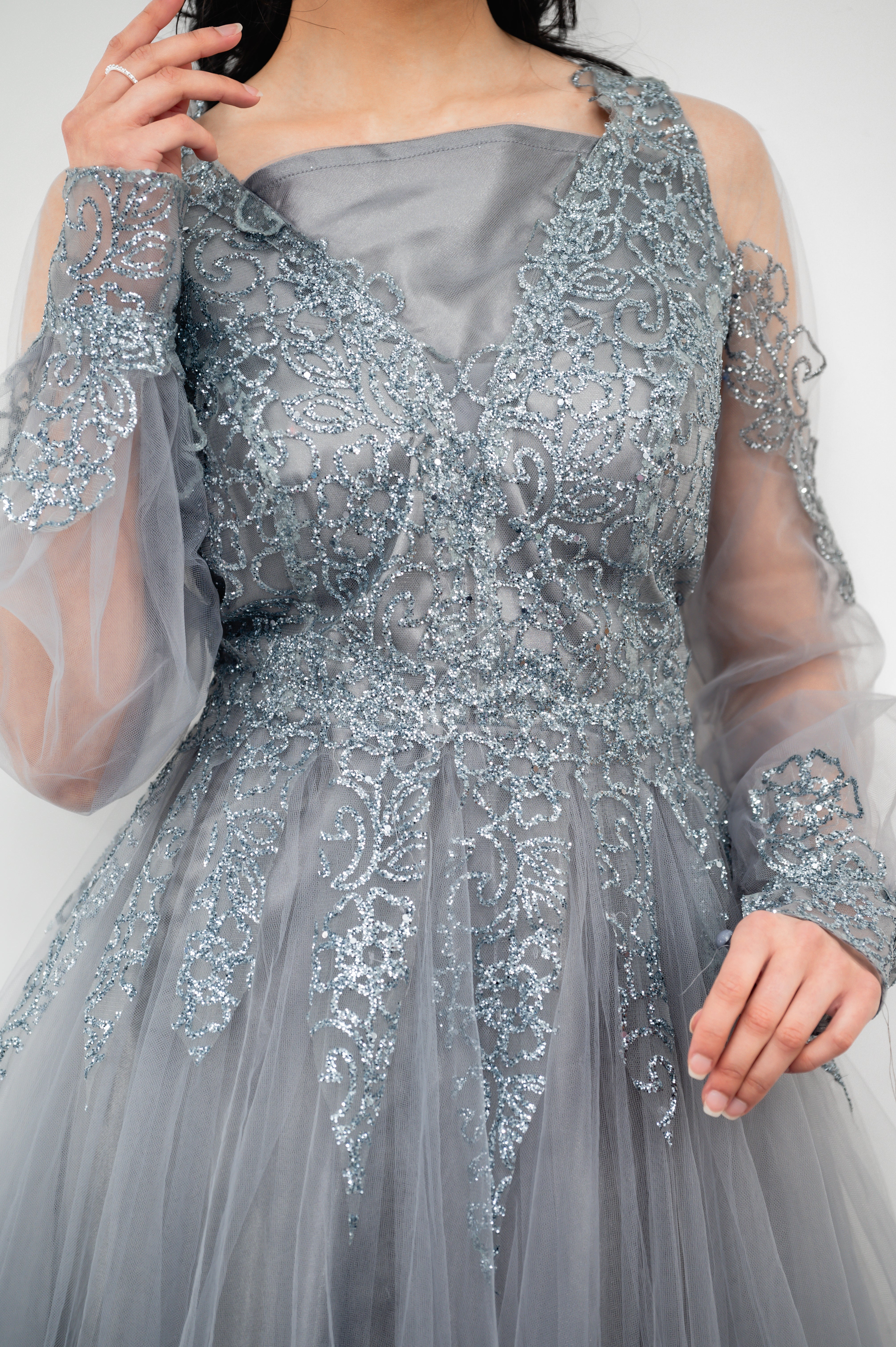 Grey Modest Tulle Gown