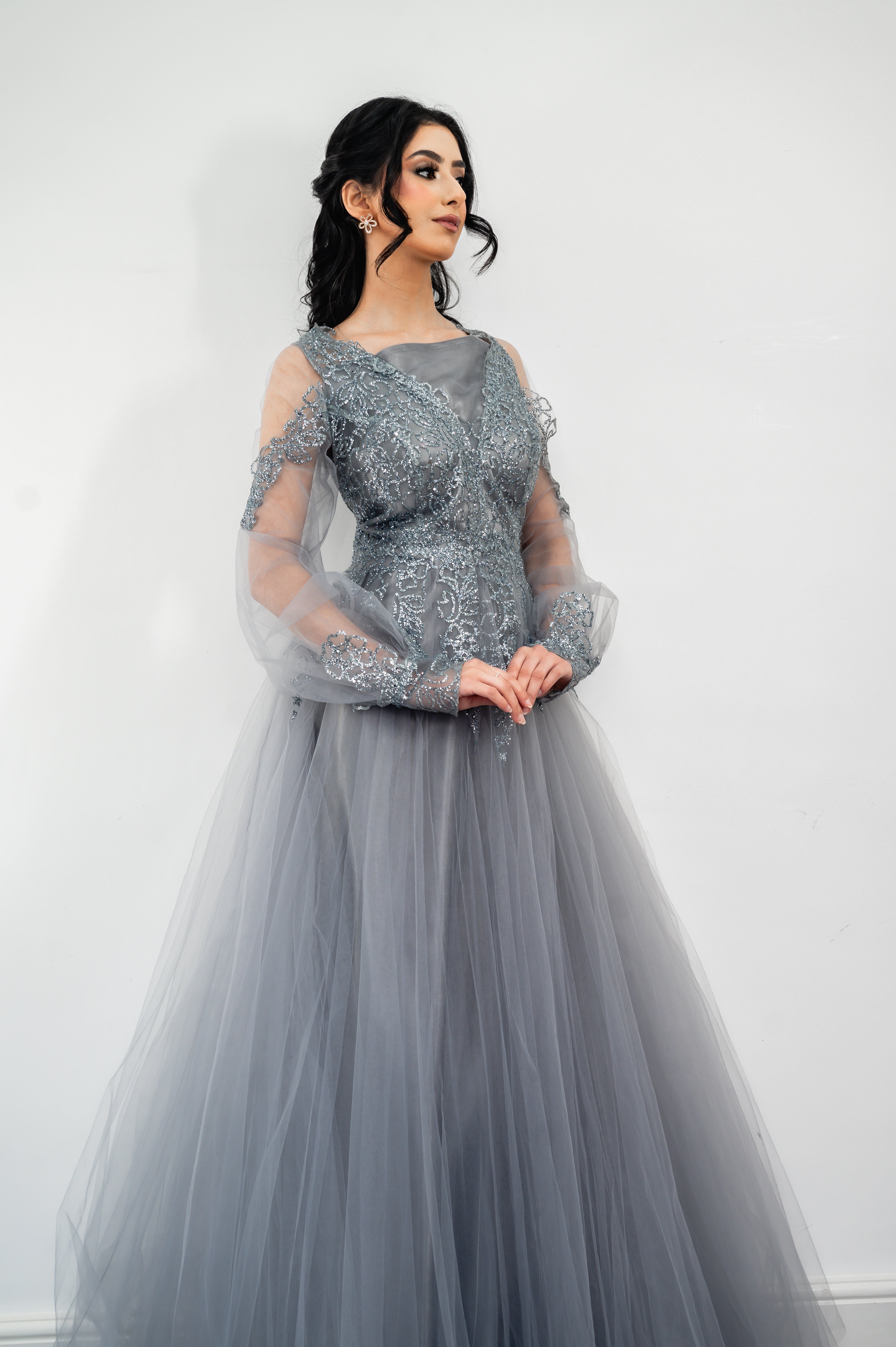 Grey Modest Tulle Gown