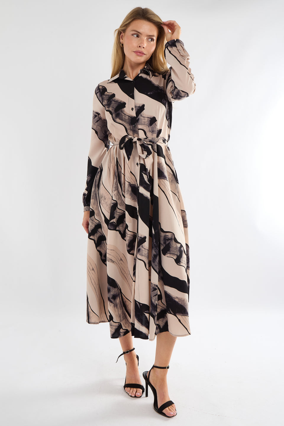 Black and Beige Abstract Print Midaxi Shirt Dress
