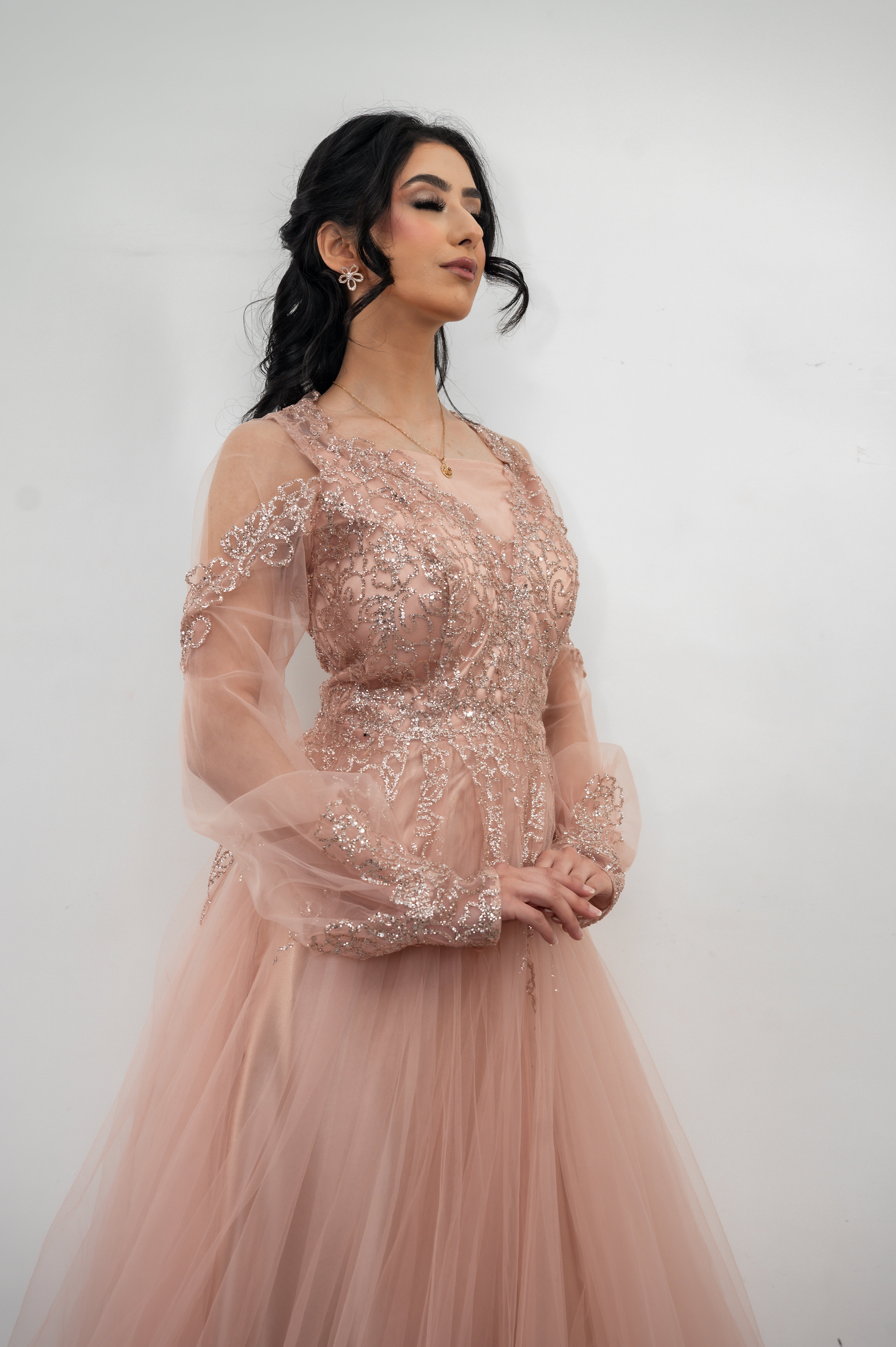 Pink Modest Tulle Gown