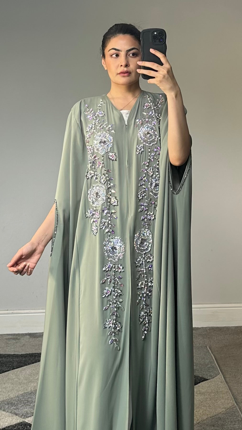 Nour Embellished Cape Abaya(Sage)