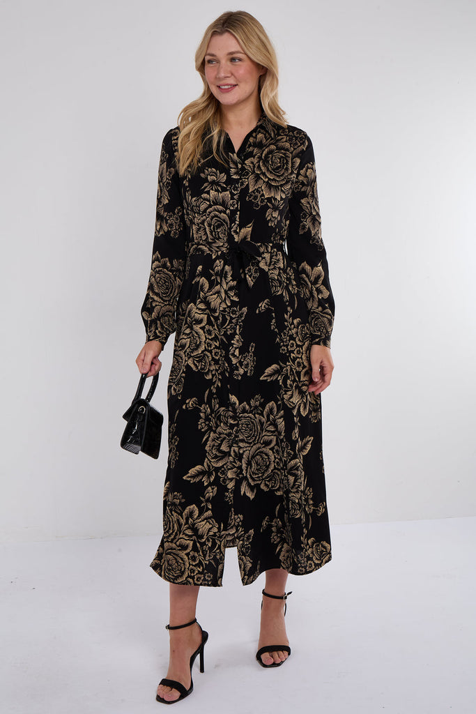 Vintage Rose Print Maxi Shirt Dress