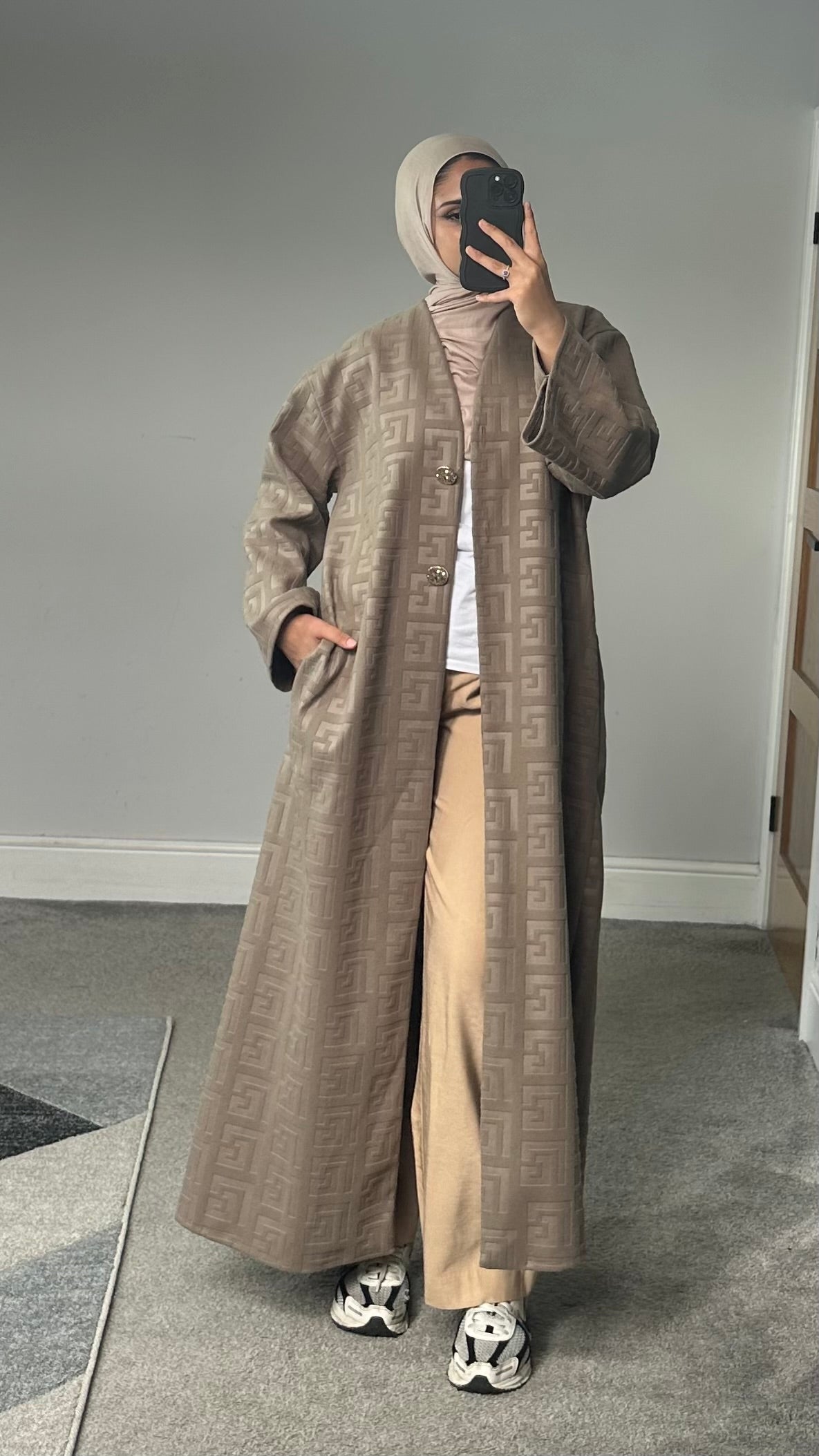 Velvet feel longline printed button jacket/abaya/coat