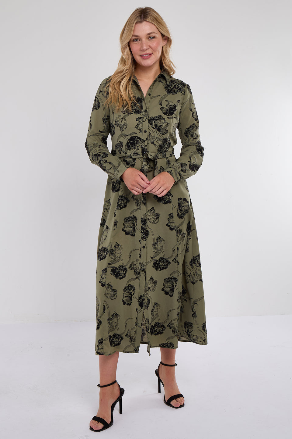 Khaki Floral Print Maxi Shirt Dress