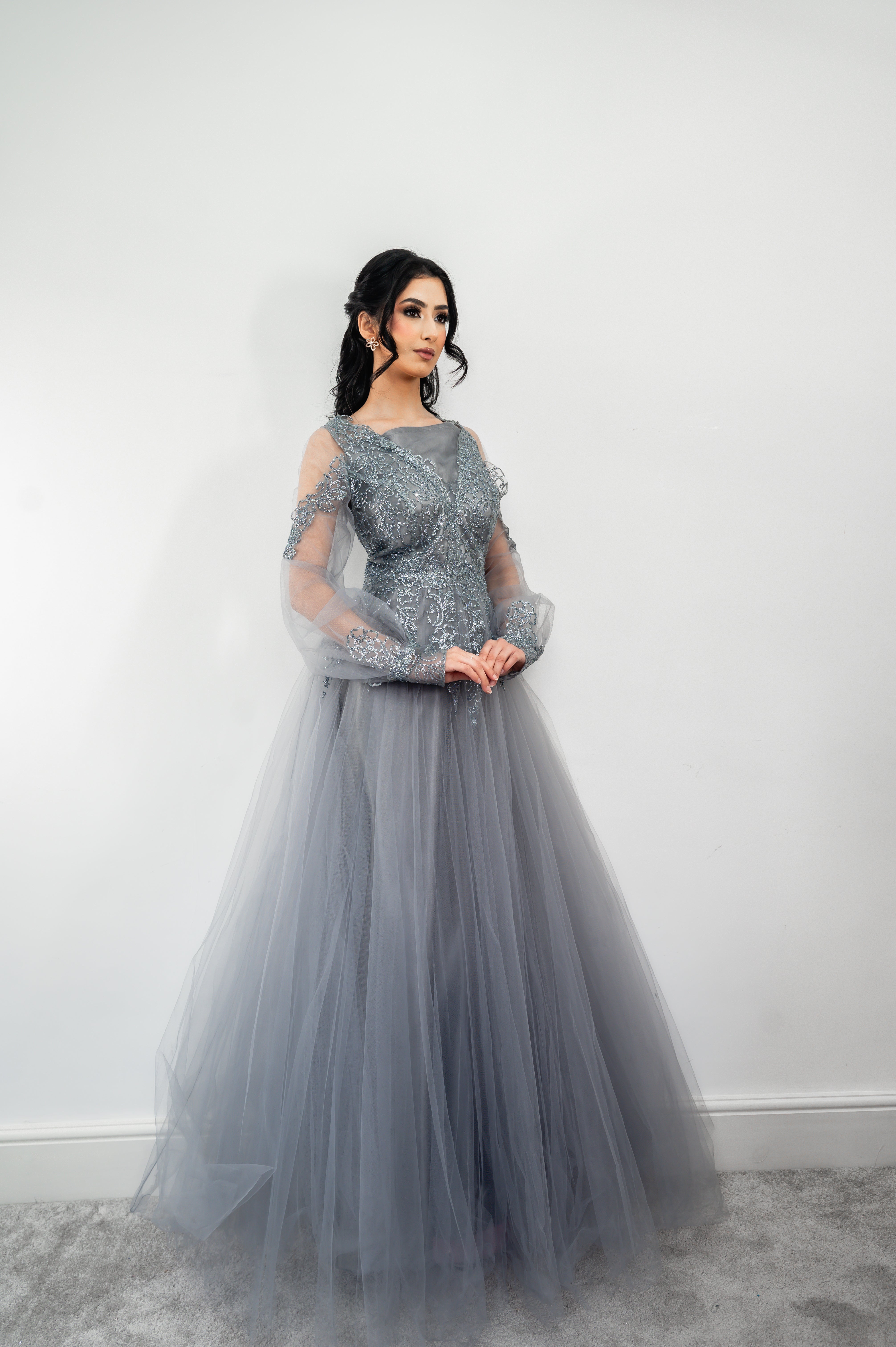 Grey Modest Tulle Gown