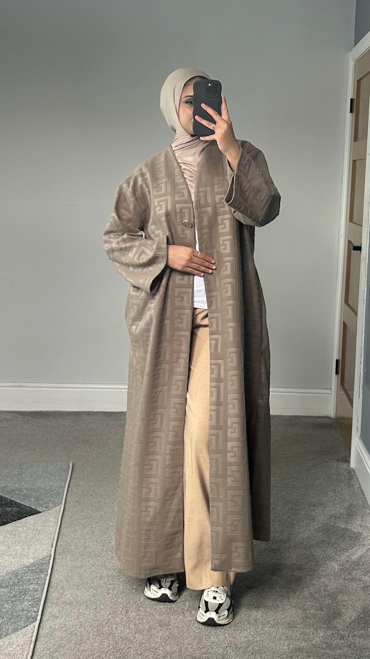 Velvet feel longline printed button jacket/abaya/coat