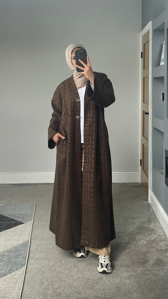 Velvet feel longline printed button jacket/abaya/coat