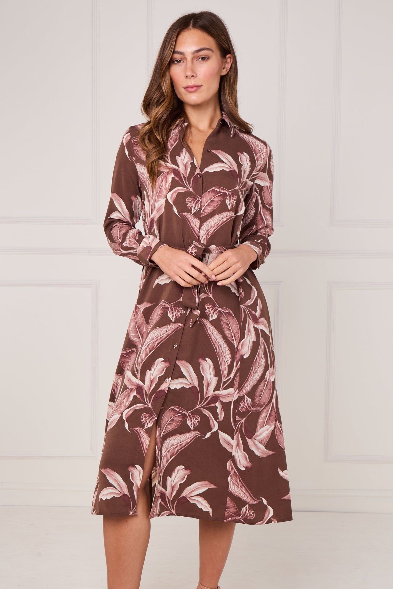 Brown and Pink Botanical Floral Print Midi Shirt Dress