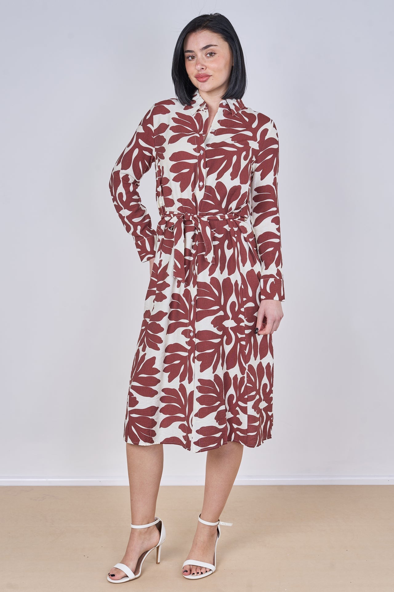 Coral Leaf Print Belted Midi Shirt Dress