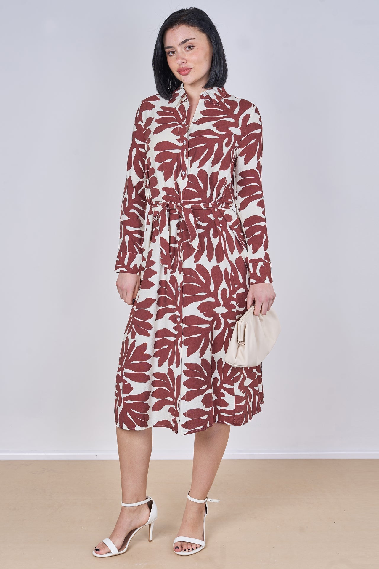 Coral Leaf Print Belted Midi Shirt Dress