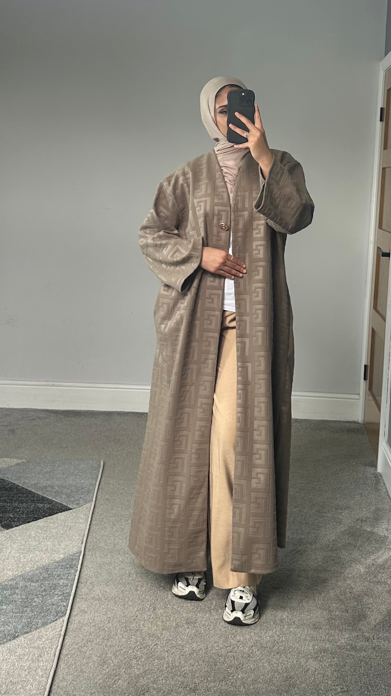 Velvet feel longline printed button jacket/abaya/coat