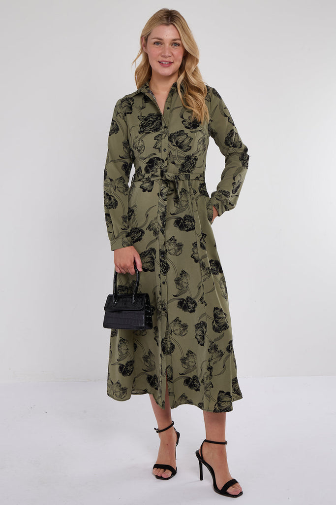 Khaki Floral Print Maxi Shirt Dress