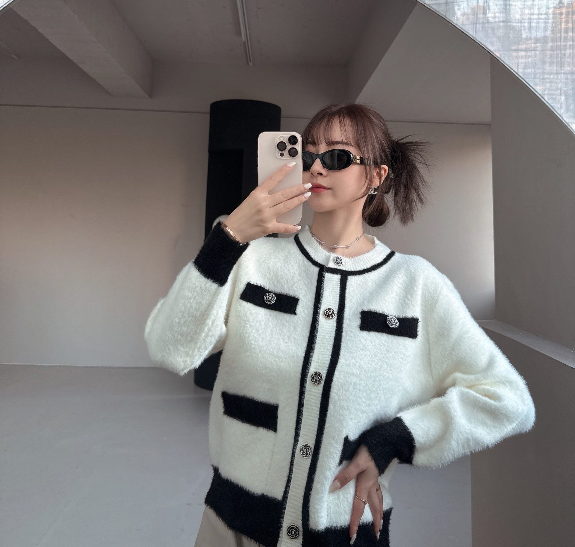 Black and Cream Trim Buttom up cardigan