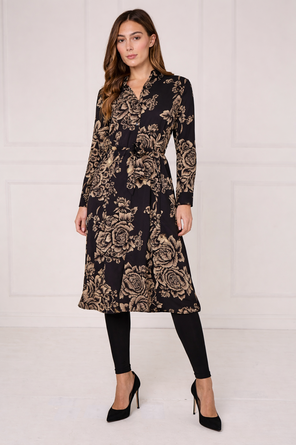 Black and Gold Vintage Rose Print Midi Shirt Dress