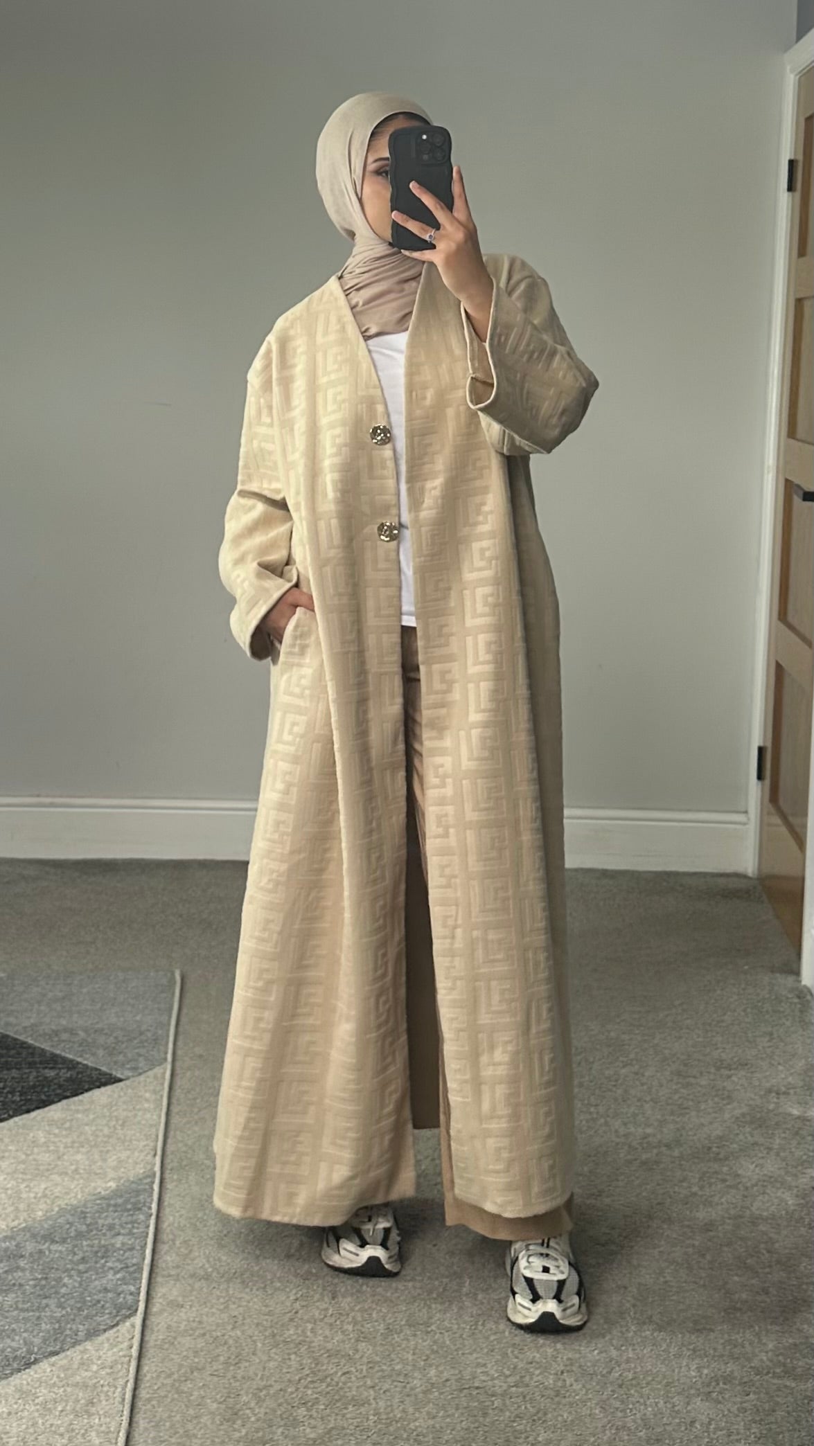 Velvet feel longline printed button jacket/abaya/coat