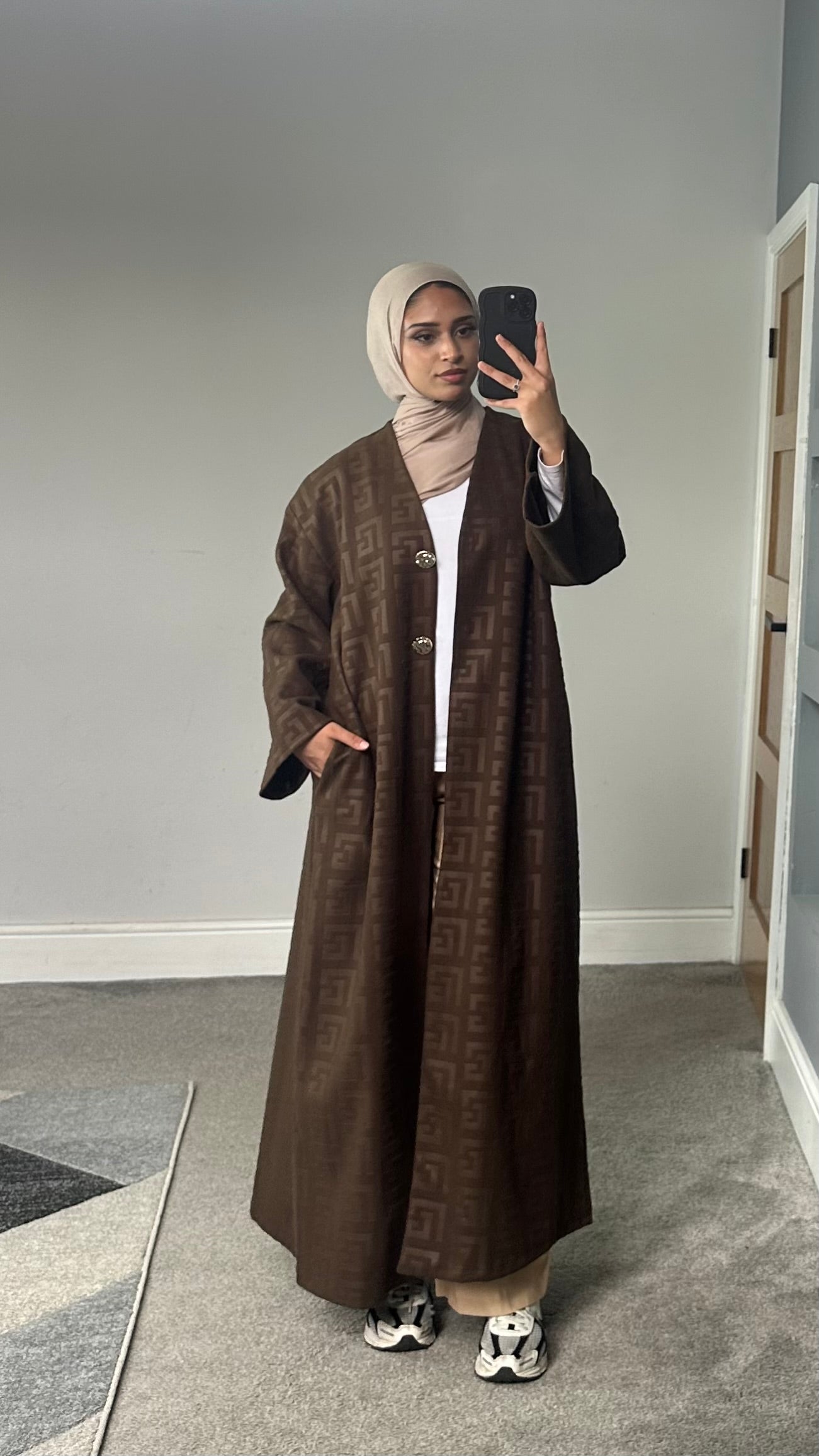 Velvet feel longline printed button jacket/abaya/coat