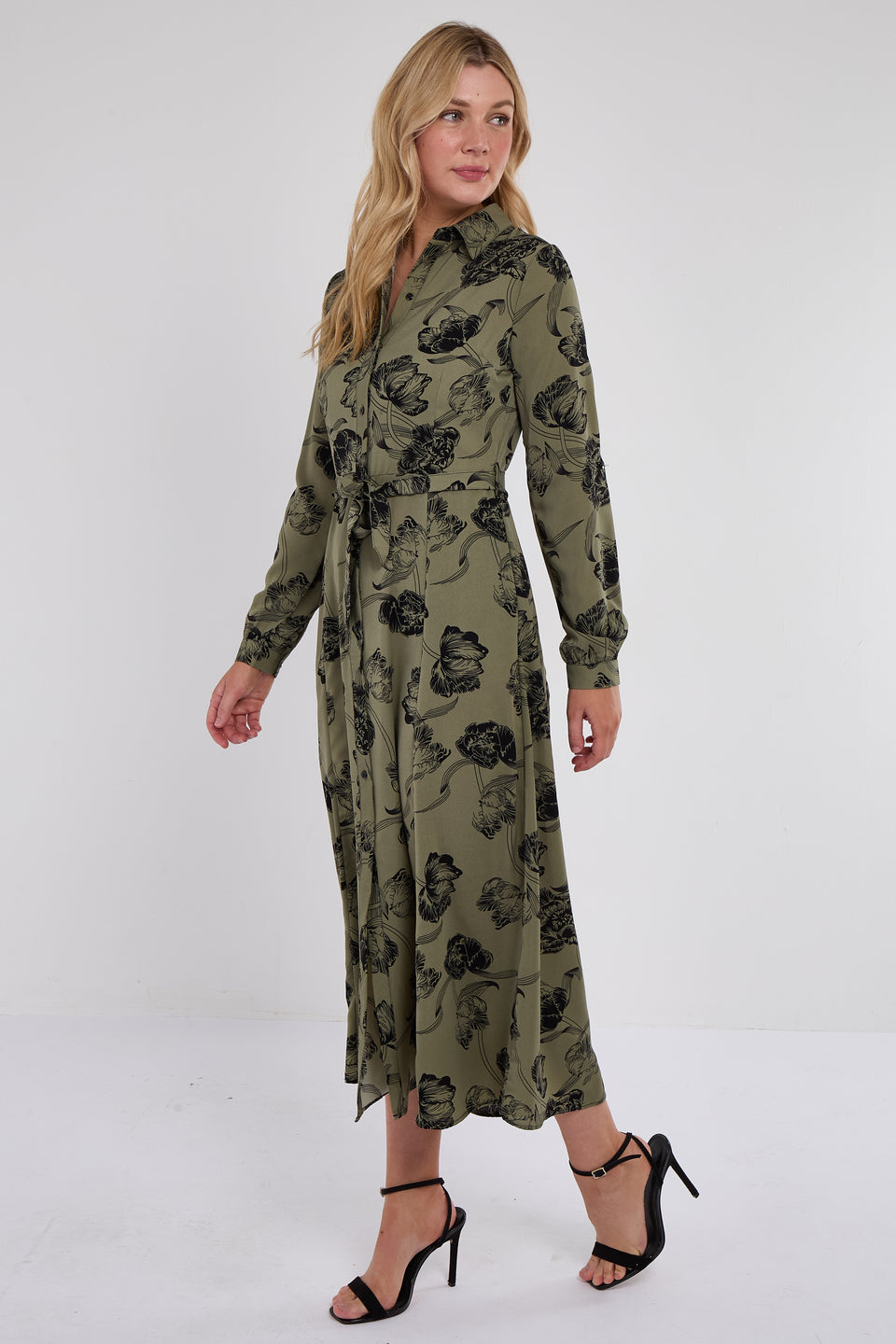 Khaki Floral Print Maxi Shirt Dress