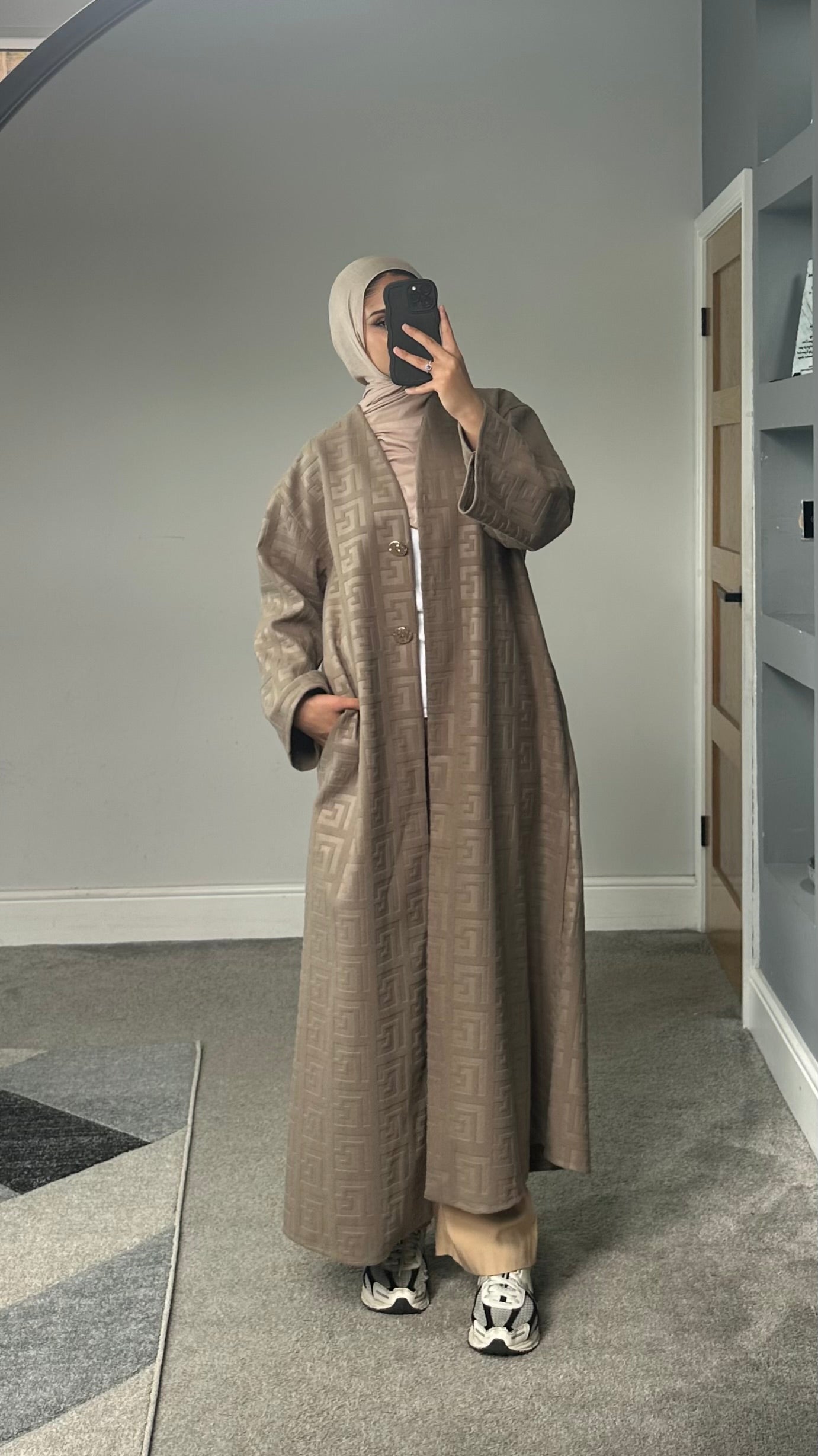 Velvet feel longline printed button jacket/abaya/coat