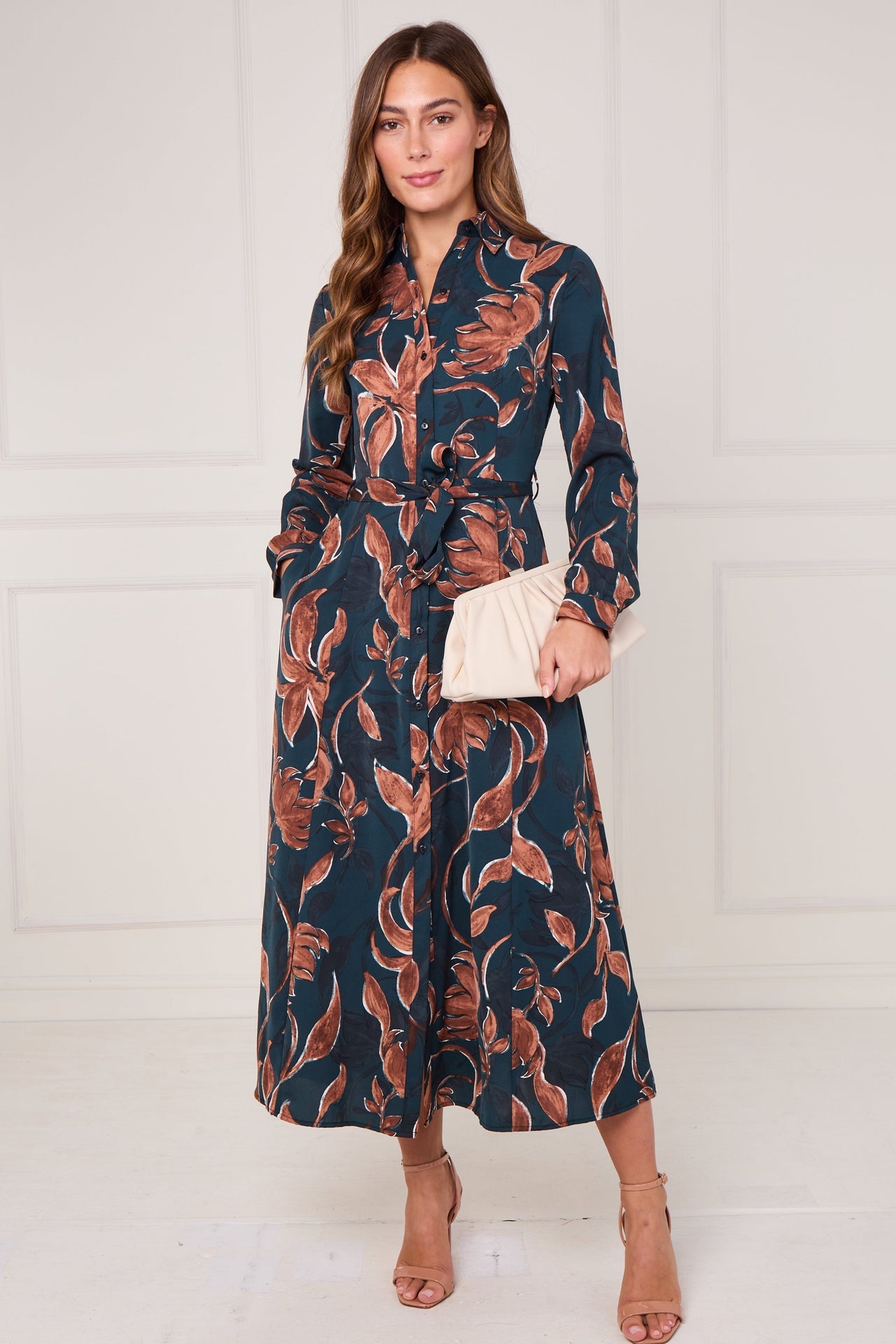 Teal and Chestnut Floral Print Maxi Shirt Dress