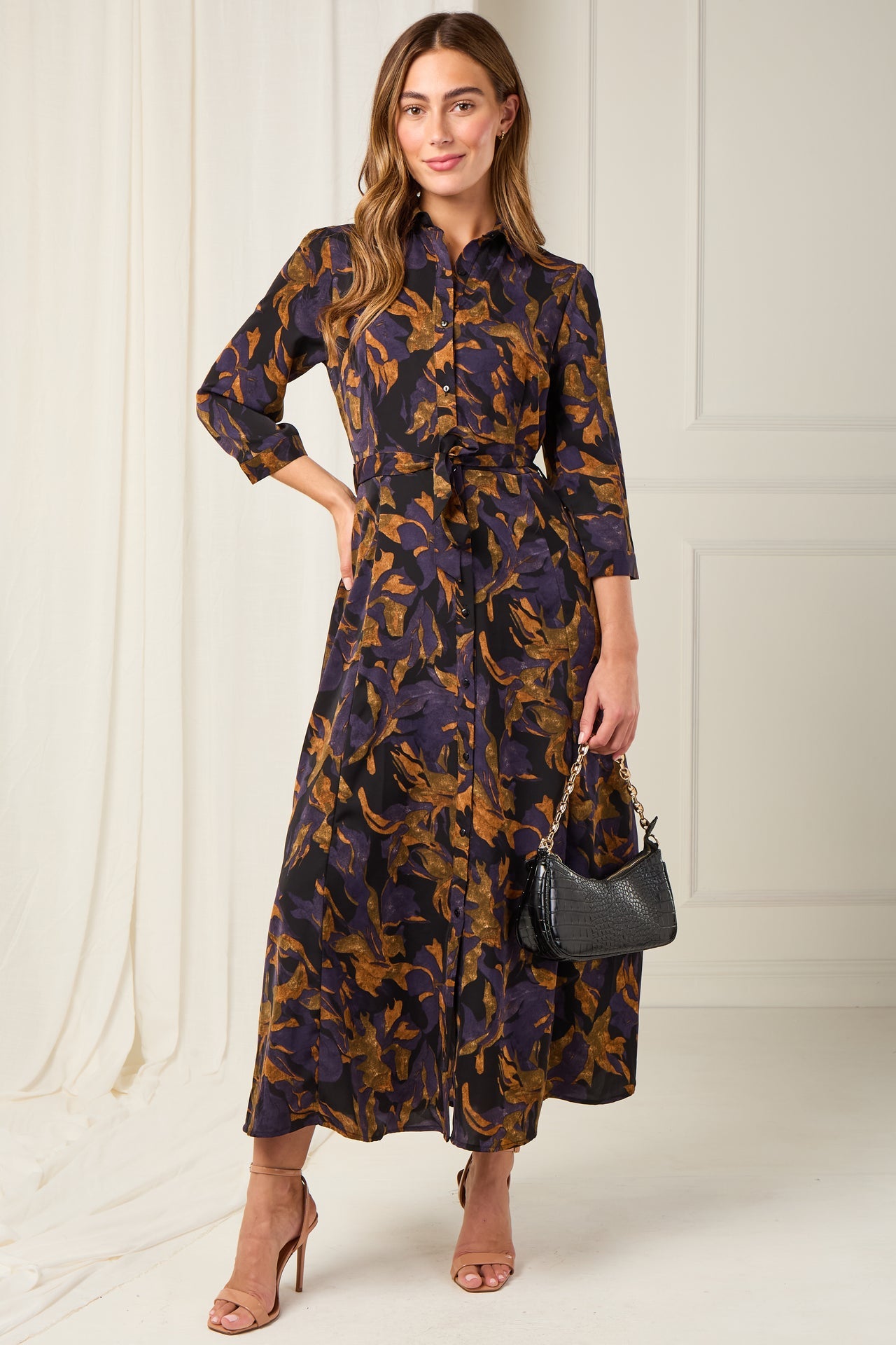 Deep Amber and Violet Leaf Print Maxi Shirt Dress
