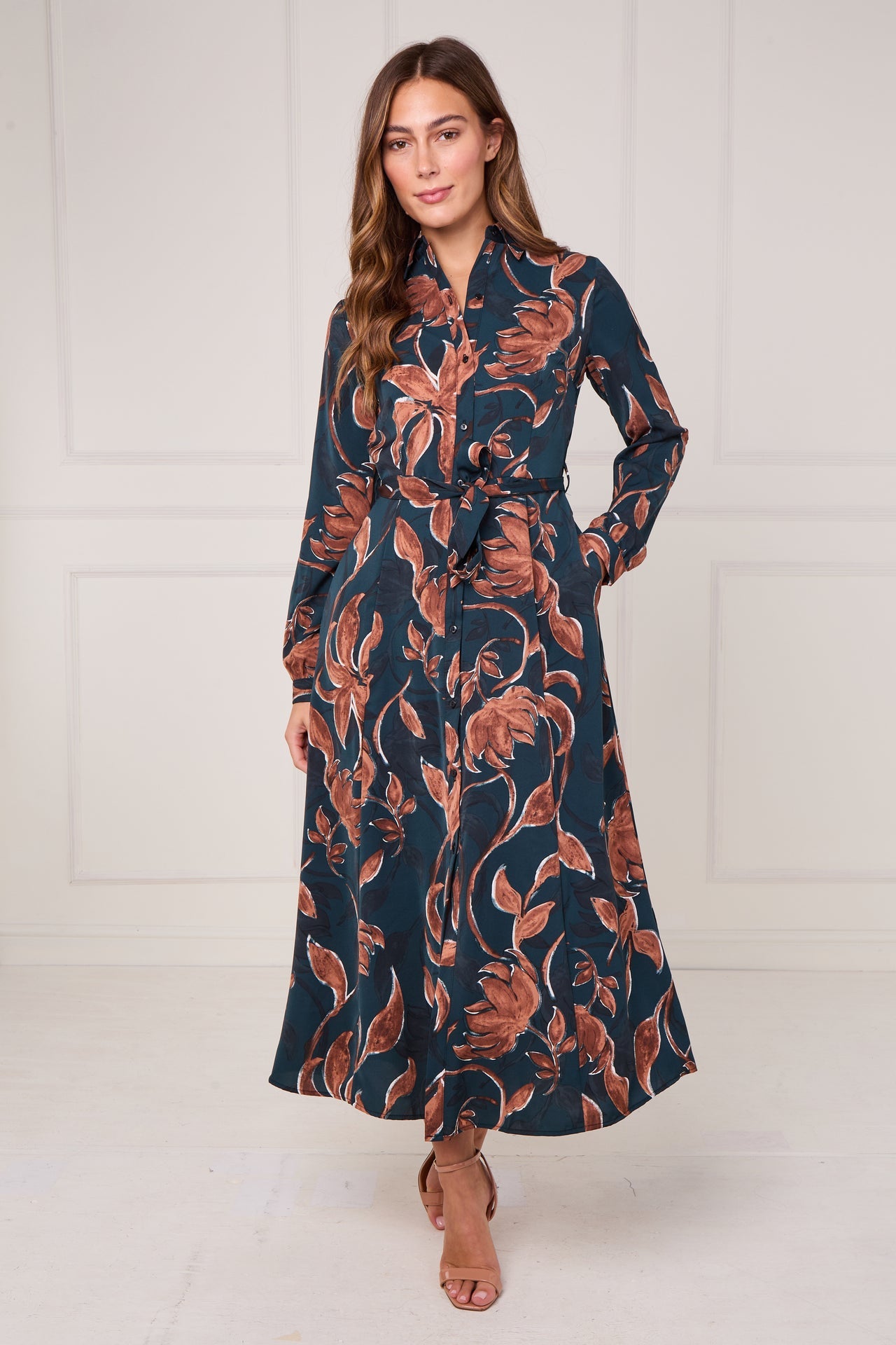 Teal and Chestnut Floral Print Maxi Shirt Dress