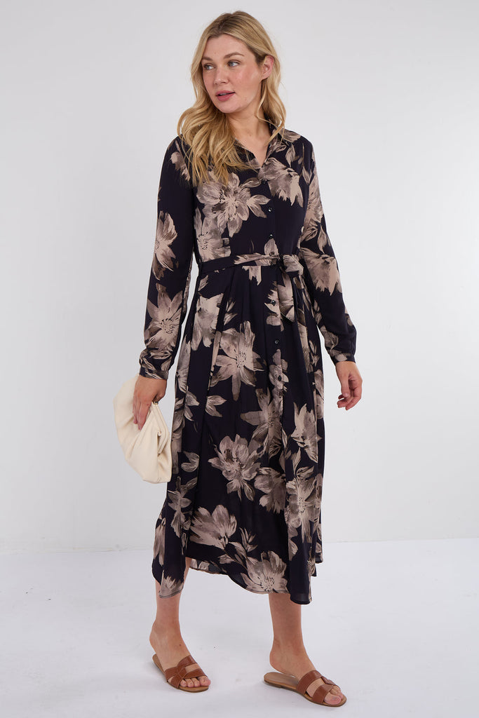 Grey Floral Print Chiffon Midaxi Dress