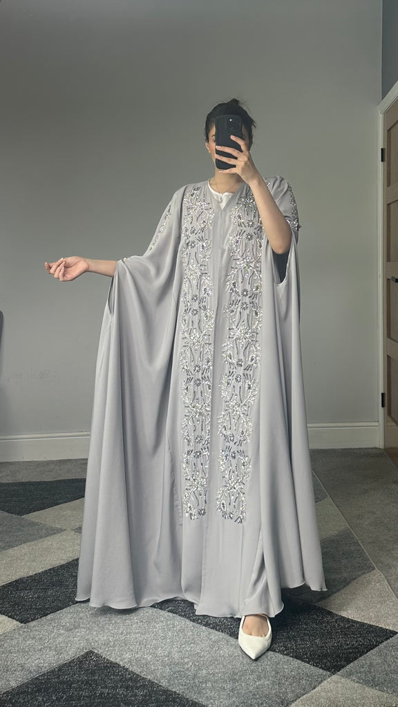 Ainaz Embellished Free Size Cape Abaya (Greyish/Stone)