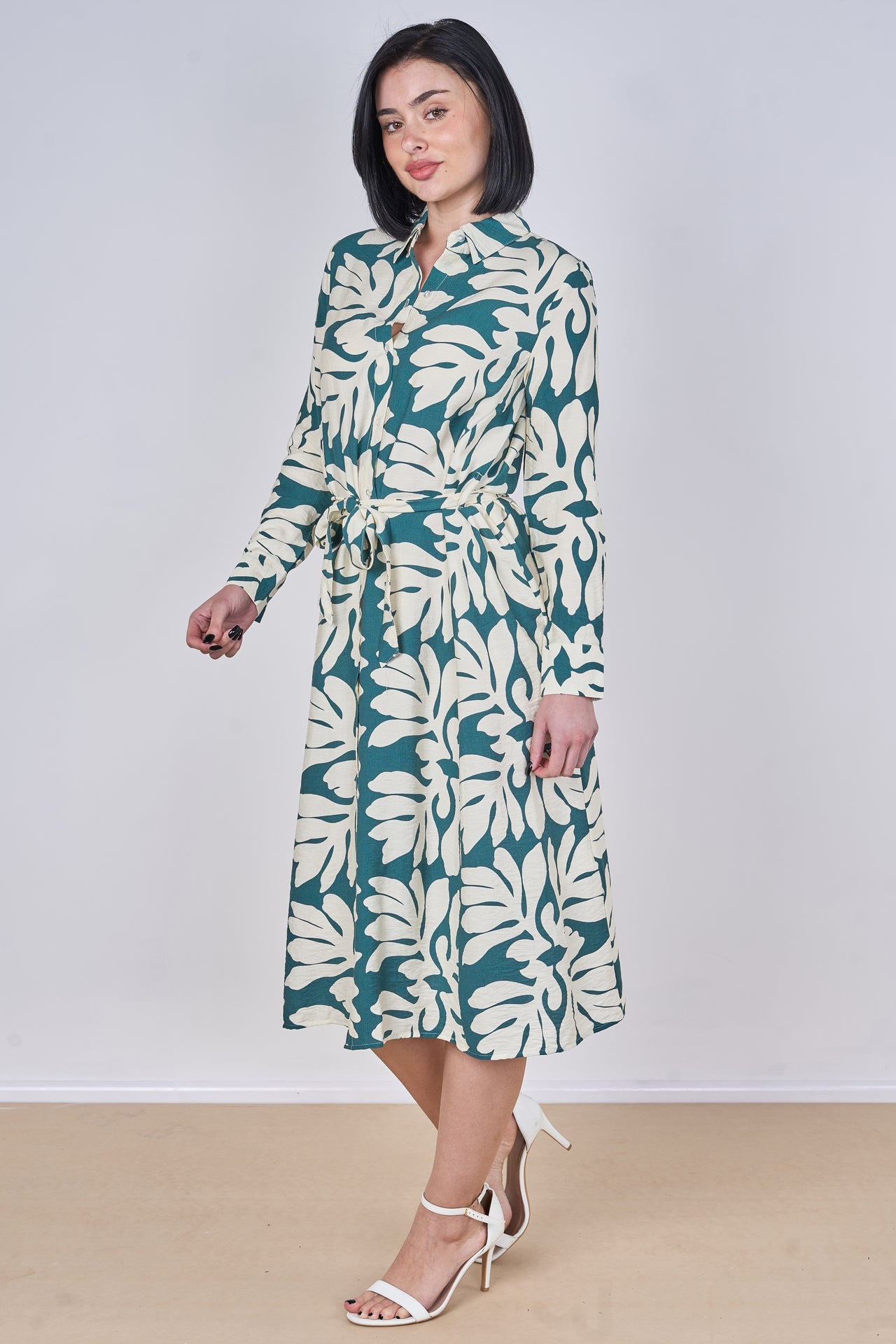 Teal Leaf Print Belted Midi Shirt Dress