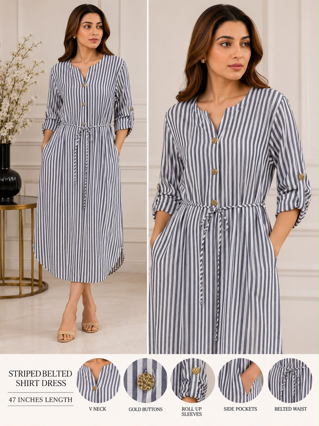 Striped Belted Midi Dress