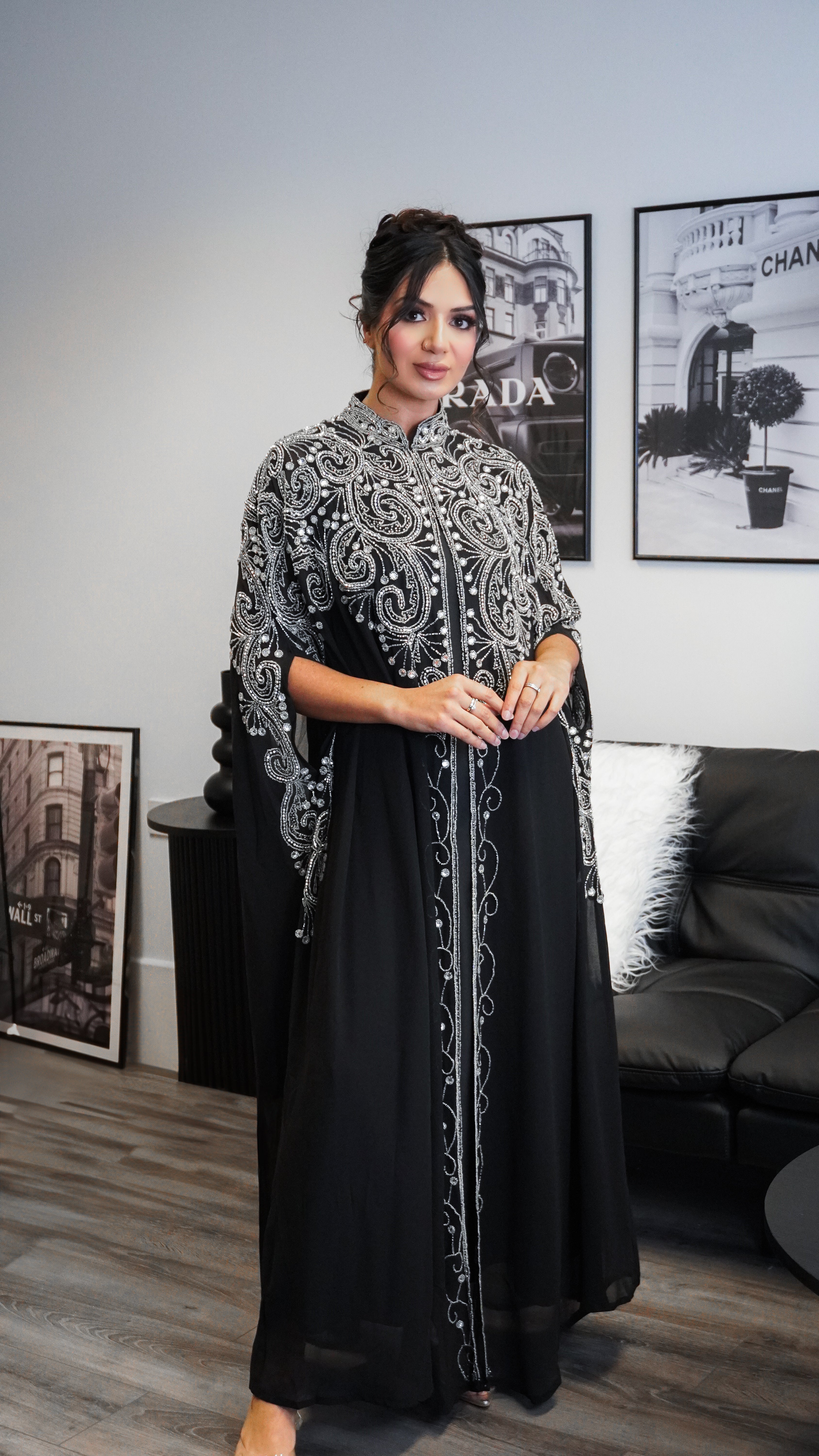 Nadira Black and Silver Embellished Cape Abaya