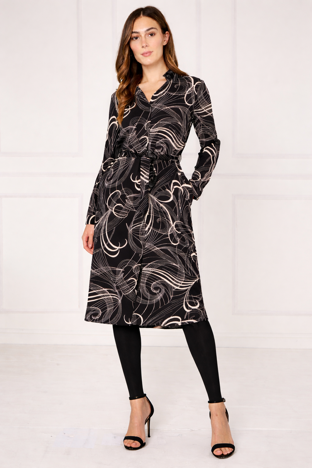 Black Abstract Swirl Print Midi Shirt Dress