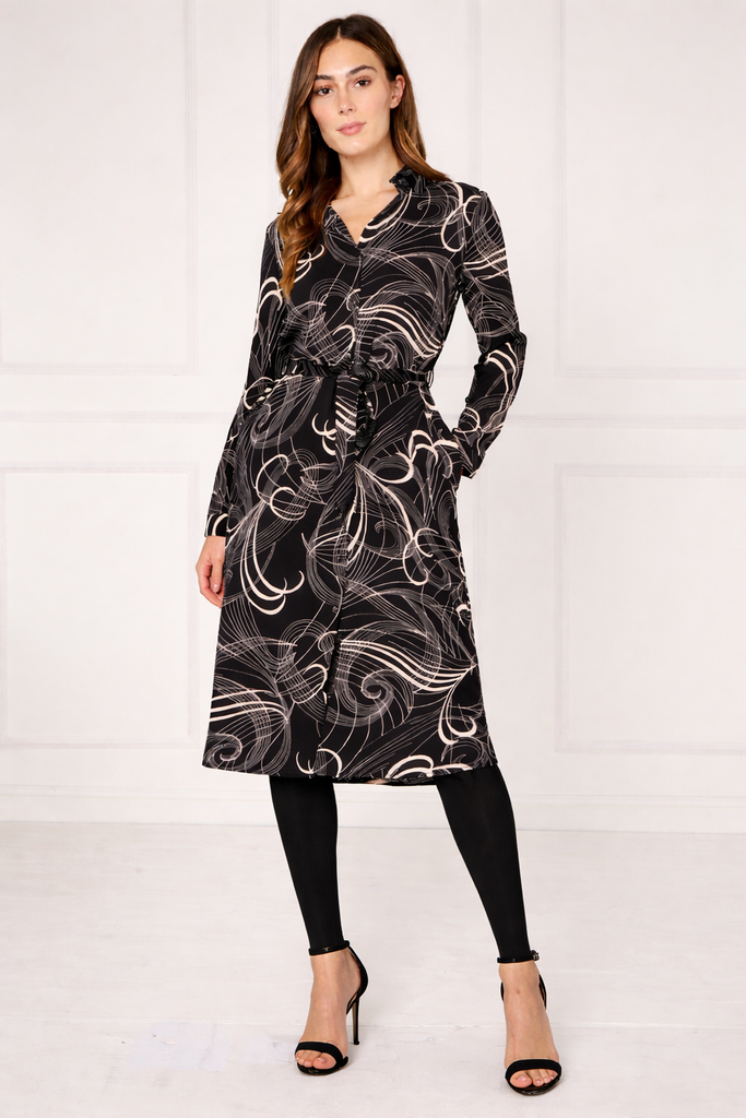 Black Abstract Swirl Print Midi Shirt Dress