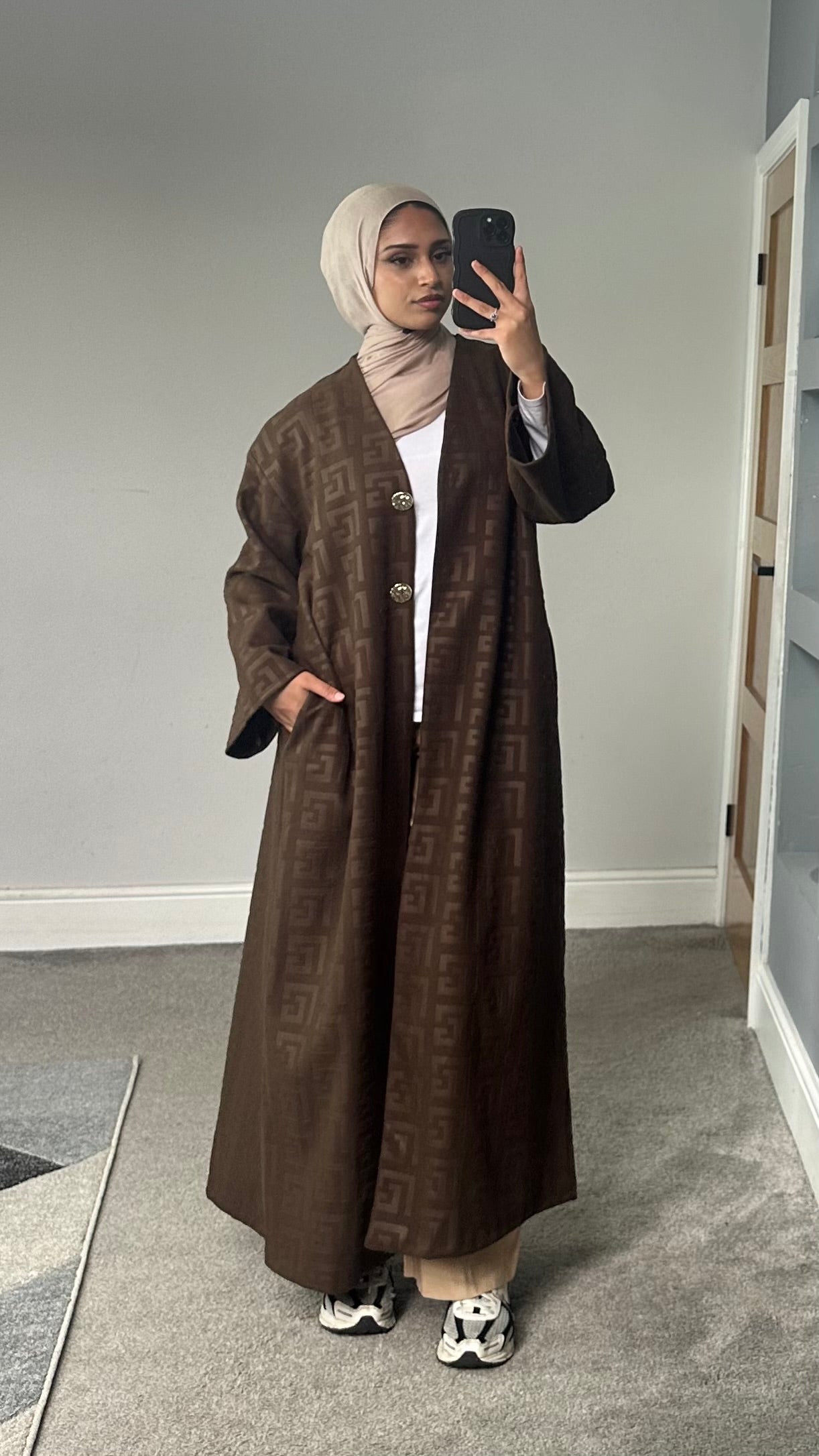 Velvet feel longline printed button jacket/abaya/coat