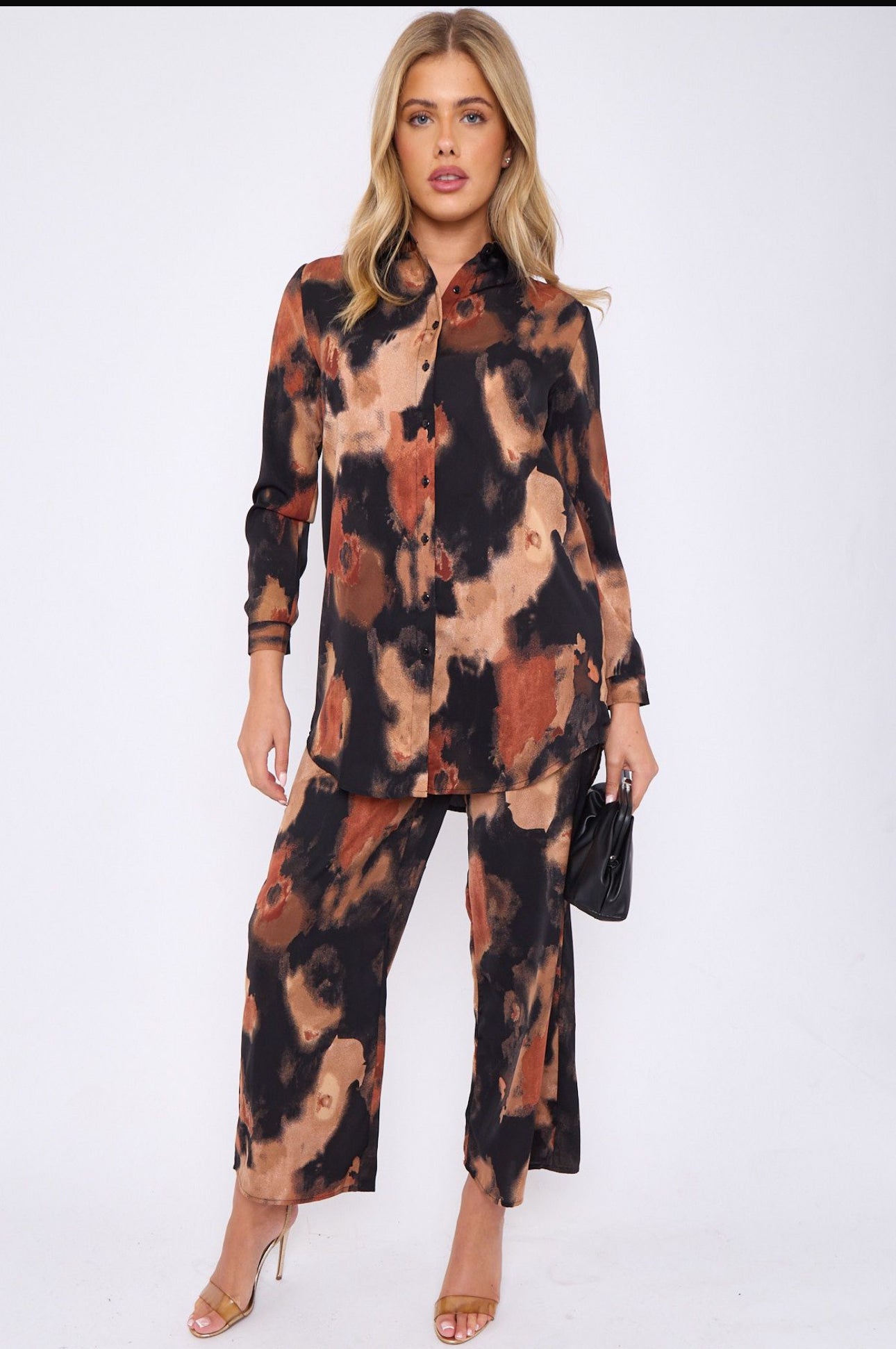 Black Abstrat Print Co-ord Shirt and Trousers Set