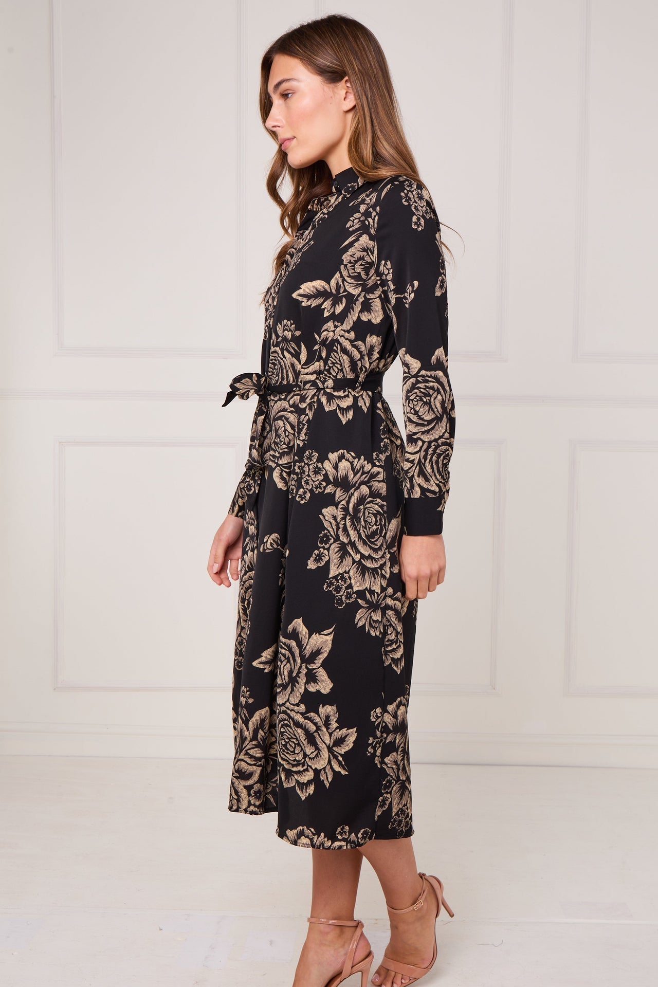 Black and Gold Vintage Rose Print Midi Shirt Dress