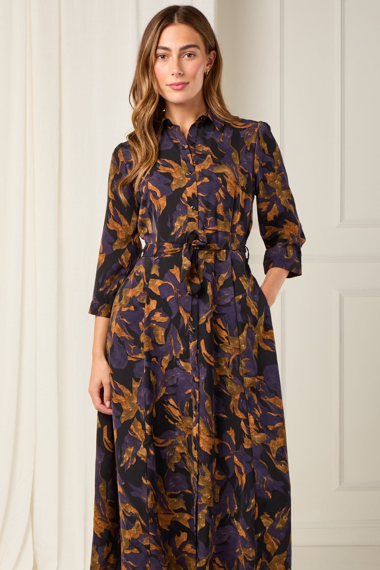 Deep Amber and Violet Leaf Print Maxi Shirt Dress