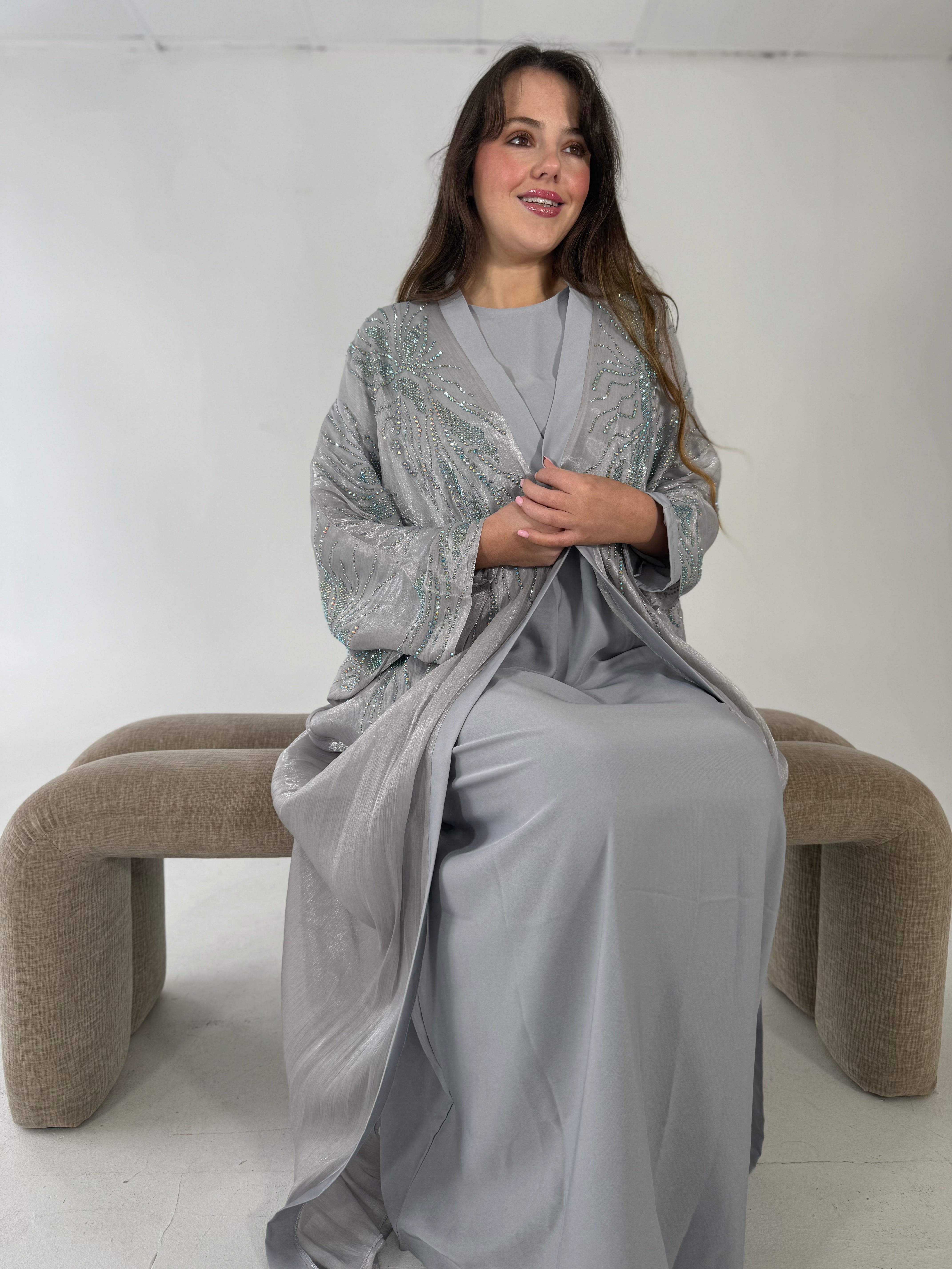 Al-Jawhara Embellished 2 pcs abaya set (Grey)