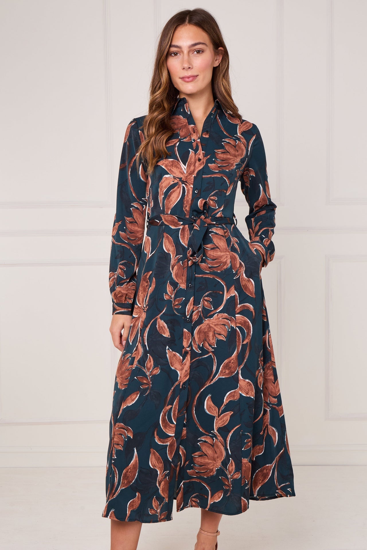 Teal and Chestnut Floral Print Maxi Shirt Dress
