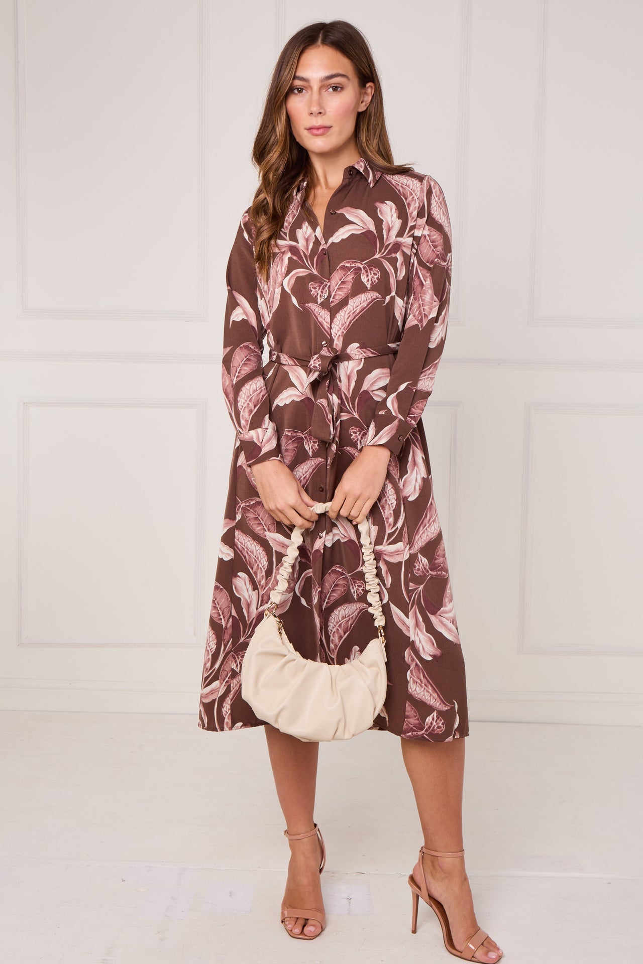Brown and Pink Botanical Floral Print Midi Shirt Dress