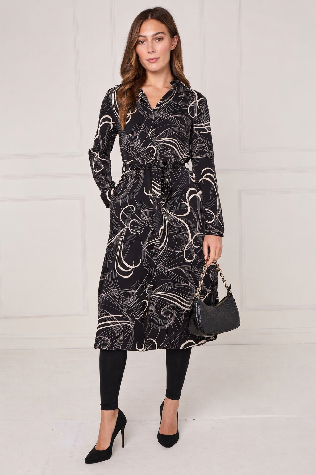 Black Abstract Swirl Print Midi Shirt Dress
