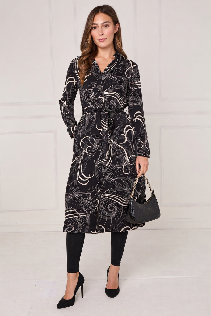 Black Abstract Swirl Print Midi Shirt Dress