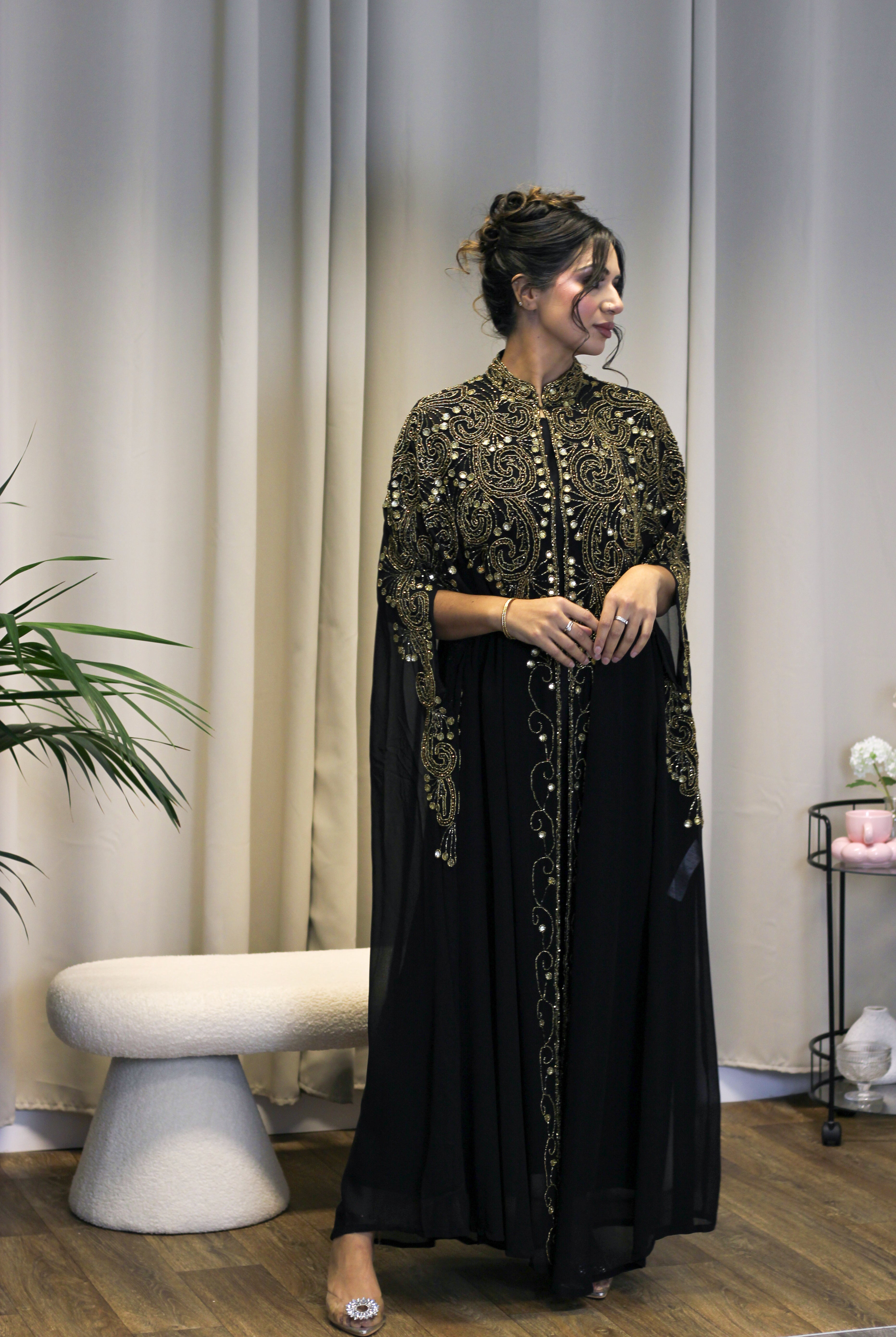 Nadira Black and Gold Embellished Cape/Abaya