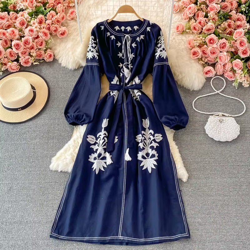 Maya (Navy) Long-Sleeve Tie-Neck Embroidered Maxi A-Line Dress