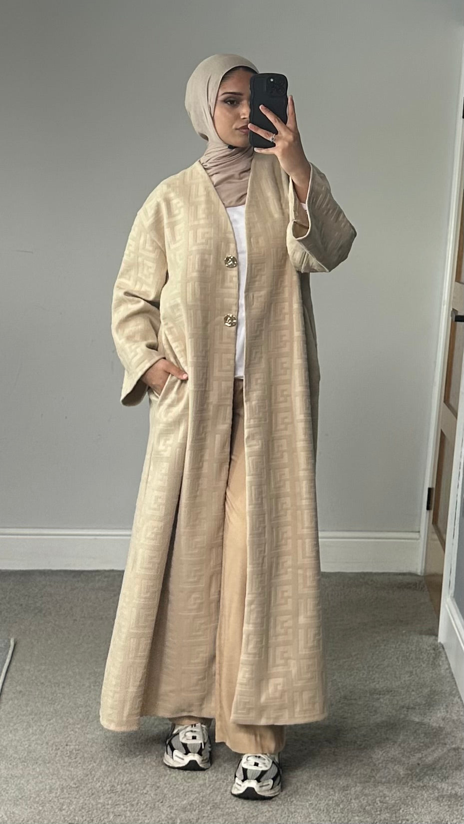 Velvet feel longline printed button jacket/abaya/coat