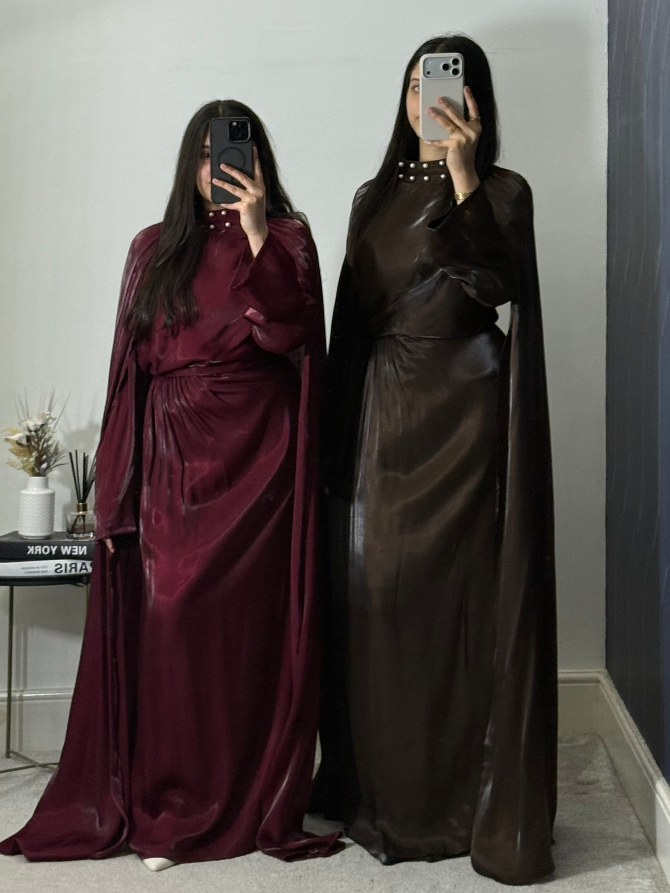 Rayaanah Pearl Choker Neck Tie Back Shoulder Cape Dress