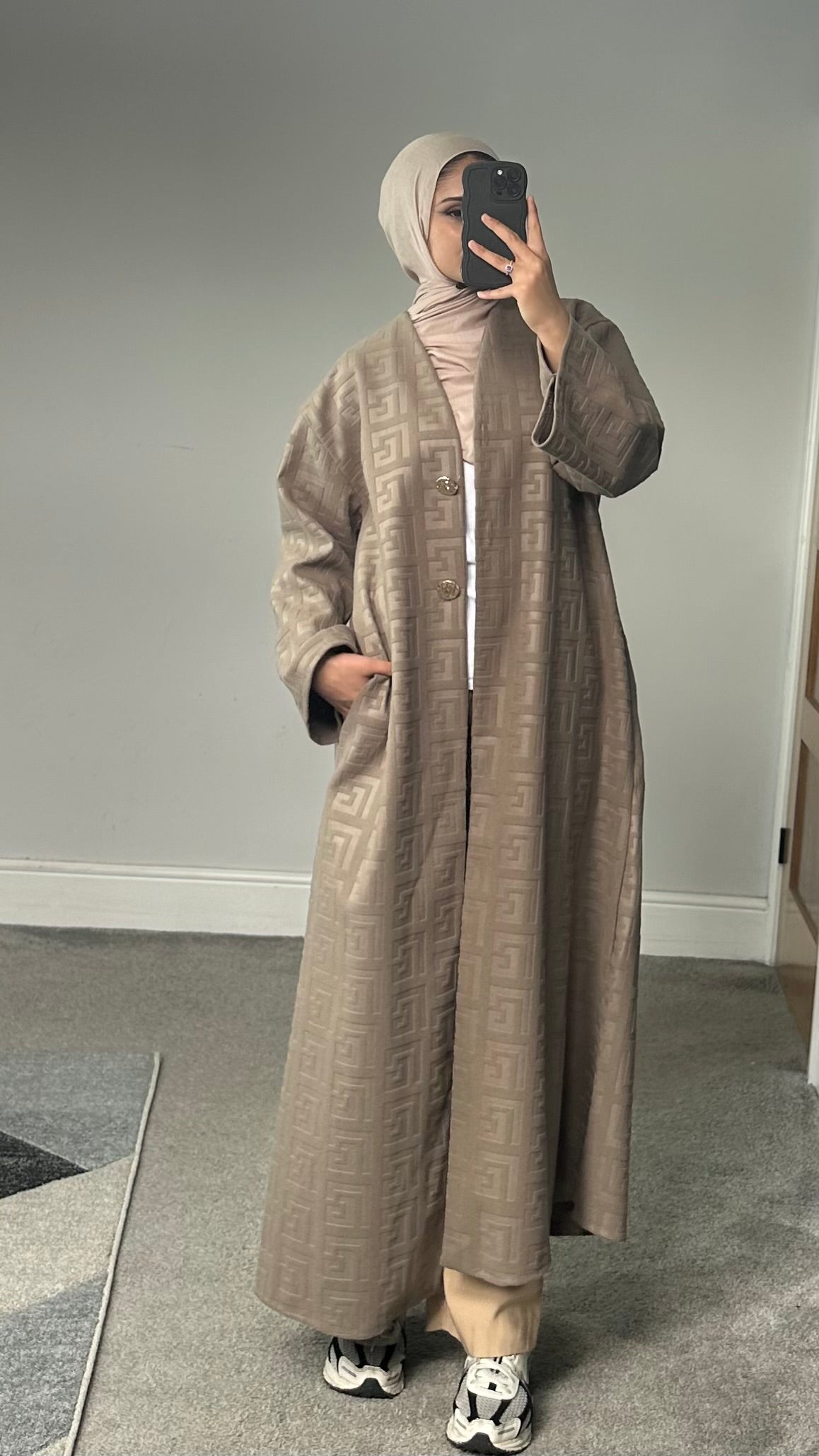Velvet feel longline printed button jacket/abaya/coat
