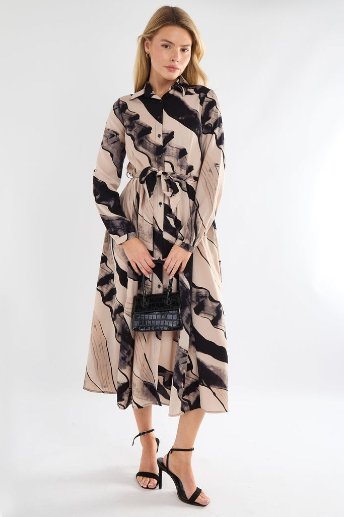 Black and Beige Abstract Print Midaxi Shirt Dress